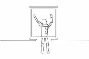 Single one line drawing back view relaxed young astronaut stretching arms in window. Good morning in moon surface. Cosmic galaxy space concept. Continuous line draw graphic design vector illustration