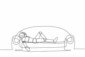 Continuous one line drawing of frustrated robot holding his head lying on sofa. Stressed and anxiety on failure. Humanoid robot cybernetic organism. Single line draw graphic design vector illustration