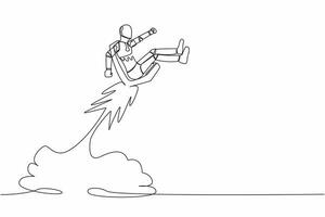 Single one line drawing robot riding office chair rocket flying in the sky. Boost career tech development. Robotic artificial intelligence technology. Continuous line draw design vector illustration