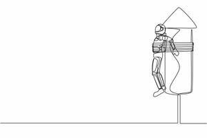 soltero continuo línea dibujo joven astronauta siendo atado a lanzamiento cohete, sensación ansioso y asustado. futuro astronave desarrollo. cosmonauta profundo espacio. uno línea dibujar diseño vector ilustración