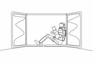 Single one line drawing young astronaut with his pet cat sitting in windowsill in moon surface. Friendship and relax time. Cosmic galaxy space concept. Continuous line draw design vector illustration