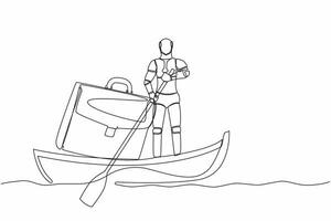 Single one line drawing of robot sailing away on boat with briefcase. Take break from busy factory operation. Modern robotic artificial intelligence. Continuous line design graphic vector illustration