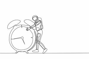 Single continuous line drawing young astronaut hugging huge alarm clock in moon surface. Deadline spaceship expedition project. Cosmonaut deep space. One line draw graphic design vector illustration