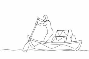 Single continuous line drawing Arab businesswoman standing in boat and sailing with stack of golden bullion. Successful investor or entrepreneur. Gold investment. One line design vector illustration