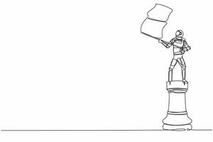 Continuous one line drawing astronaut standing on top rook chess and waving flag. Celebrating supremacy of strongest space company. Cosmonaut outer space. Single line draw design vector illustration