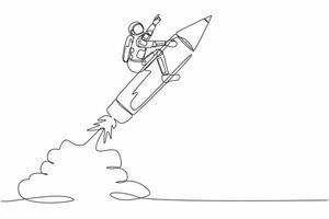 Single continuous line drawing young astronaut riding pencil rocket flying in moon surface. Education to realize spaceship technology. Cosmonaut deep space. One line graphic design vector illustration