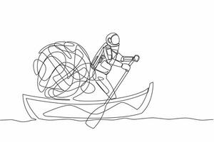 Single one line drawing of astronaut sailing away on boat with messy line. Confusion and anxiety when problems occur on space missions. Cosmic galaxy space. Continuous line design vector illustration