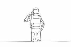 Single one line drawing young astronaut standing with pointing his head, thinking something. Feeling optimistic, visionary. Cosmic galaxy space. Continuous line draw graphic design vector illustration