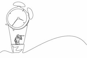 Single one line drawing of young astronaut in hot air balloon with alarm clock looking with telescope or monocular. Cosmic galaxy space concept. Continuous line draw graphic design vector illustration