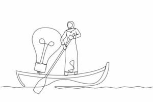 Continuous one line drawing Arab businesswoman standing in boat and sailing with light bulb. Manager searching idea or vision. Success business innovation. Single line draw design vector illustration