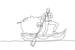 Single continuous line drawing of businessman standing in boat and sailing with piggy bank. Economy purposes saving money is very important. Smart investor. One line graphic design vector illustration