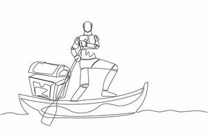 Single continuous line drawing robot sailing away on boat with treasure chest. Money laundering in tech company. Future technology. Artificial intelligence. One line graphic design vector illustration