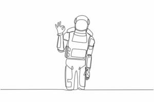 Single continuous line drawing young astronaut gesturing ok sign with fingers in moon surface. Okay sign gesture. Future technology. Cosmonaut deep space. One line graphic design vector illustration