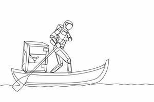 Single continuous line drawing astronaut sailing away on boat with safe deposit box. Bank deposit protection for space mission. Cosmonaut deep space. One line draw graphic design vector illustration