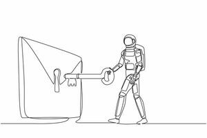 Single continuous line drawing astronaut putting big key into mail. Digital message protection or email security system in spaceship company. Cosmonaut deep space. One line design vector illustration