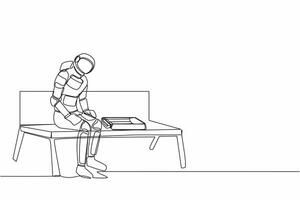 Continuous one line drawing astronaut sitting at bench alone. Suffering from depression, experiences dismissal in spaceship company. Cosmonaut outer space. Single line draw design vector illustration