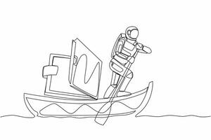 Continuous one line drawing of young astronaut sailing away on boat with wallet. Problem in space company due to economic crisis. Cosmonaut outer space. Single line design vector graphic illustration