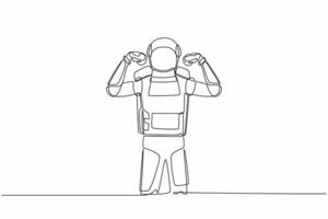 Single continuous line drawing astronaut standing with gestures two hand fist up. Strong spaceman exploration galaxy with spaceship. Cosmonaut deep space. One line graphic design vector illustration