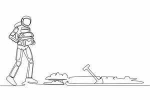 soltero uno línea dibujo joven astronauta sostener tesoro cofre en Luna suelo. astronauta caminando a excavación agujero con tesoro caja. cósmico galaxia espacio. continuo línea gráfico diseño vector ilustración