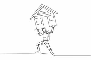 Single continuous line drawing astronaut carrying heavy house on his back in moon surface. Financial mortgage problem, taxes expenses. Cosmonaut deep space. One line design vector graphic illustration