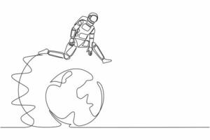 Single one line drawing young astronaut jumping over globe. International partnership, cooperation in spaceship project expedition. Cosmic galaxy space. Continuous line draw design vector illustration