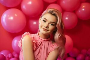 Lively woman with pink balloons wall. Generate ai photo