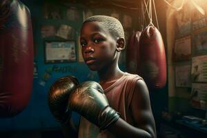 African child with boxing gloves. Generate ai photo