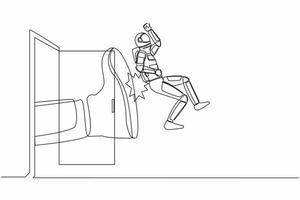 Continuous one line drawing young astronaut get kicked out of door. Dismissed from his job. Boss kicks unnecessary spaceman. Cosmonaut outer space. Single line draw graphic design vector illustration