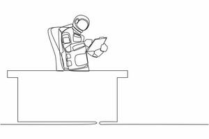 Single one line drawing of young astronaut sitting on chair near office desk and showing clipboard in moon surface. Cosmic galaxy space concept. Continuous line draw graphic design vector illustration