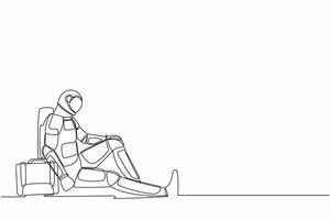 Single continuous line drawing astronaut with briefcase sitting in despair on the floor. Sad expression due to planet discovery failure. Cosmonaut deep space. One line draw design vector illustration