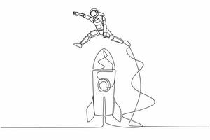 Single continuous line drawing young astronaut jumping over big spacecraft rocket. Successful galactic expedition launch preparation. Cosmonaut deep space. One line graphic design vector illustration