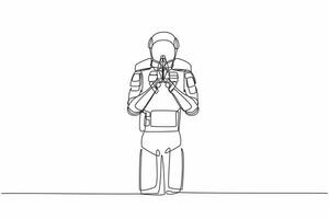 soltero uno línea dibujo joven astronauta en pie con participación palmas en oración. astronauta emoción, cuerpo idioma gesto. cósmico galaxia espacio concepto. continuo línea gráfico diseño vector ilustración