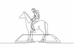 Continuous one line drawing young astronaut riding horse on smartphone screen. Racing horse with jockey. Equestrian online sport. Cosmonaut outer space. Single line graphic design vector illustration