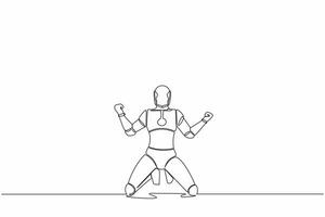 Continuous one line drawing of happy robot kneeling with both hands yes gesture, celebrating success. Humanoid cybernetic organism. Future robotic. Single line draw graphic design vector illustration