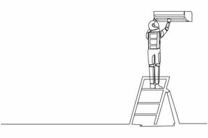 Continuous one line drawing of young astronaut technician repairing air conditioner. Spaceman ability to repair operating system. Cosmonaut outer space. Single line graphic design vector illustration