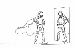 Single one line drawing astronaut looking at reflection in mirror and seeing super hero standing. Ambition in galactic journey. Cosmic galaxy space. Continuous line graphic design vector illustration