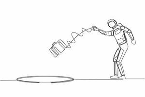 Single one line drawing young astronaut throws briefcase into hole. Failure to take advantage of space business opportunities. Cosmic galaxy space. Continuous line graphic design vector illustration