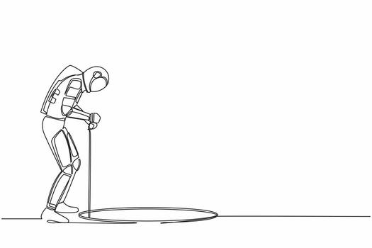 Single continuous line drawing of astronaut stretch out rope into hole. Spaceman wondering and looking at hole. Spaceship exploration. Cosmonaut deep space. One line graphic design vector illustration
