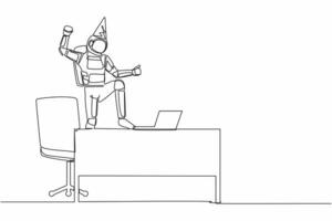 Continuous one line drawing astronaut stands in office desk with hand raised. Spaceman celebrate successful in spaceship journey. Cosmonaut outer space. Single line graphic design vector illustration