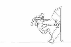 Single continuous line drawing of young astronaut kicks the door with flying kick until door shattered. Spaceman kicking locked door. Cosmonaut deep space. One line graphic design vector illustration