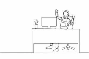 Continuous one line drawing happy astronaut sitting on workplace with raised hands. Mission accomplished in galactic exploration. Cosmonaut outer space. Single line graphic design vector illustration