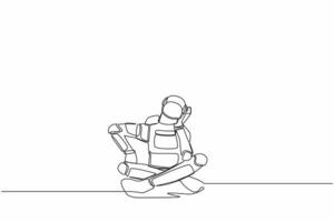 Continuous one line drawing young astronaut sitting with support his head and confused because get into space expedition problem. Cosmonaut outer space. Single line graphic design vector illustration