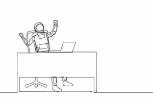 Single continuous line drawing happy young astronaut at working desk celebrating win with hands raised. Success in space exploration. Cosmonaut deep space. One line graphic design vector illustration