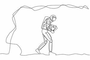 Continuous one line drawing young astronaut carrying big diamond from moon underground. Success in galactic spaceship exploration. Cosmonaut outer space. Single line graphic design vector illustration