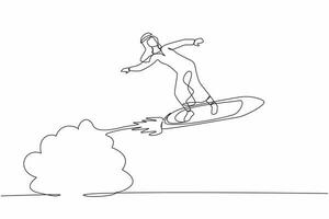 Single one line drawing Arabian businessman riding surfing board rocket flying in the sky. Successful trader on peak of profitability. Business success. Continuous line draw design vector illustration