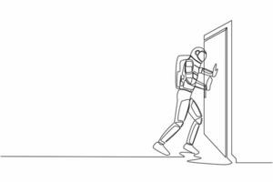 Continuous one line drawing of astronaut pushes closed door on wooden door frame. Metaphor to facing problem. Space exploration struggle. Cosmonaut outer space. Single line design vector illustration