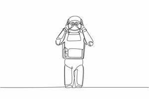 Single one line drawing astronaut standing with covering his eyes with hands because of disgust and reluctance to see something. Cosmic galaxy space. Continuous line graphic design vector illustration