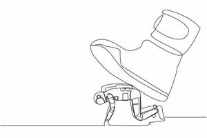 Single continuous line drawing of young astronaut crawling under giant foot trample. Spaceman oppressed by the boss with under big shoe. Cosmonaut deep space. One line draw design vector illustration