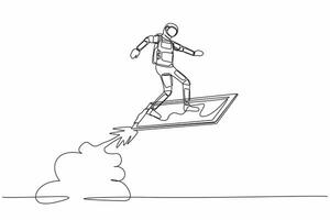 Single one line drawing young astronaut riding clipboard rocket flying in moon surface. Analyze data of space exploration. Cosmic galaxy space concept. Continuous line draw design vector illustration