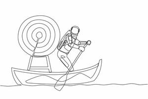 Continuous one line drawing astronaut sailing away on boat with dartboard target. Achieve tech mission to win competition in moon surface. Cosmonaut outer space. Single line design vector illustration